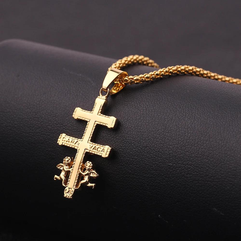 Catholic Caravaca Crucifix Cross Necklace Cherub Angel Pendant Christian Necklaces For Women Men Jewelry