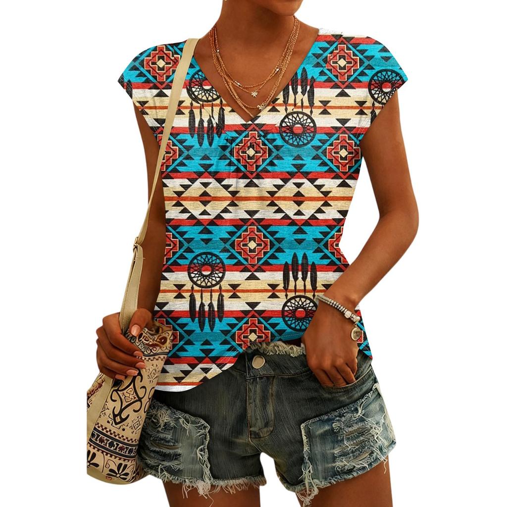 Women's Fashion V-neck Bohemian Print Short Sleeve Top
