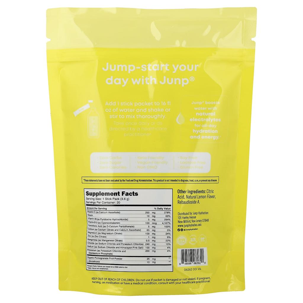 JUNP Hydration, Electrolyte Powder Mix, Lemon, 20 Stick Packs, 3.6g (0.13oz) Each