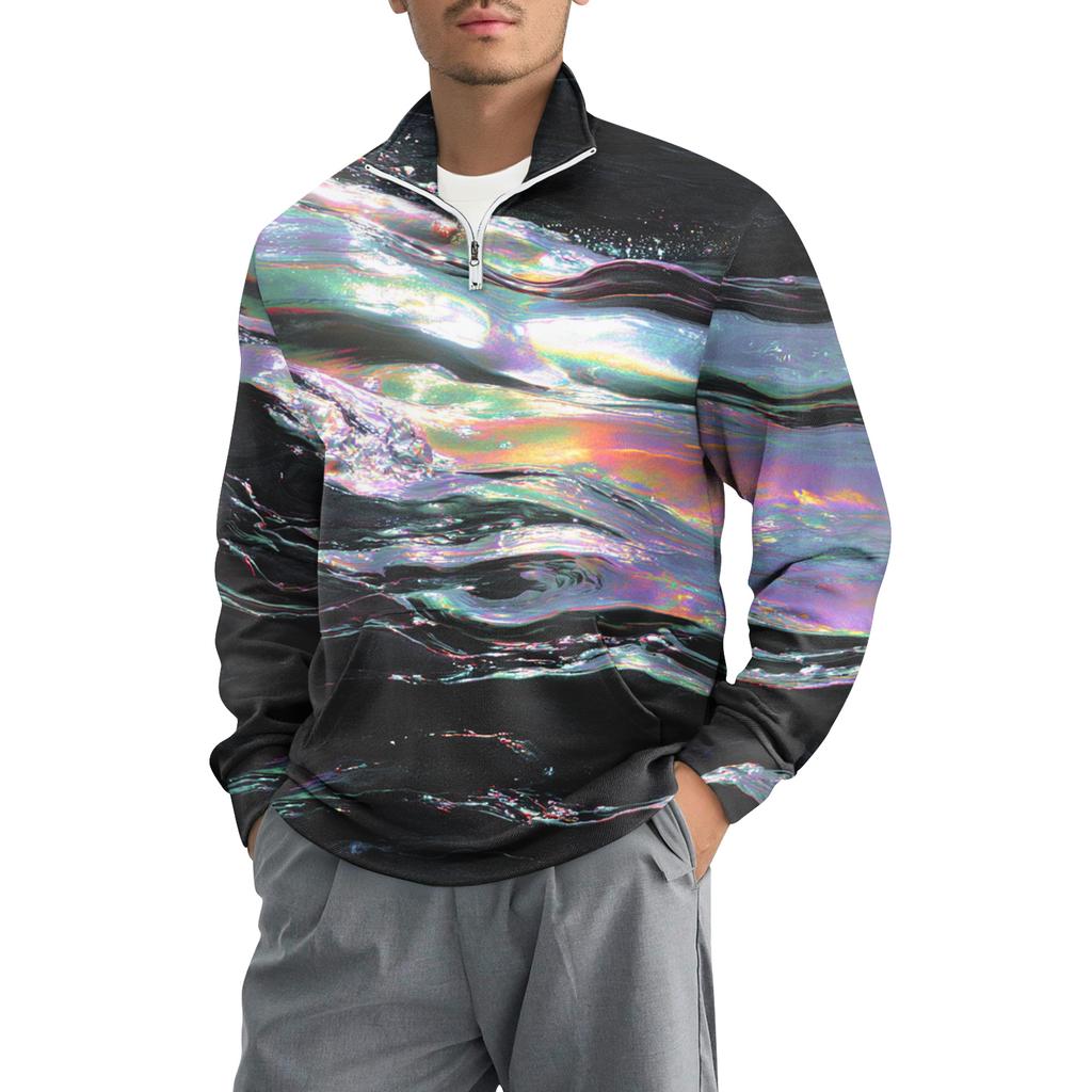 Men's Loose Casual 1/4 Zip Sweatshirt Fashion Printed Long Sleeve Top With Pockets