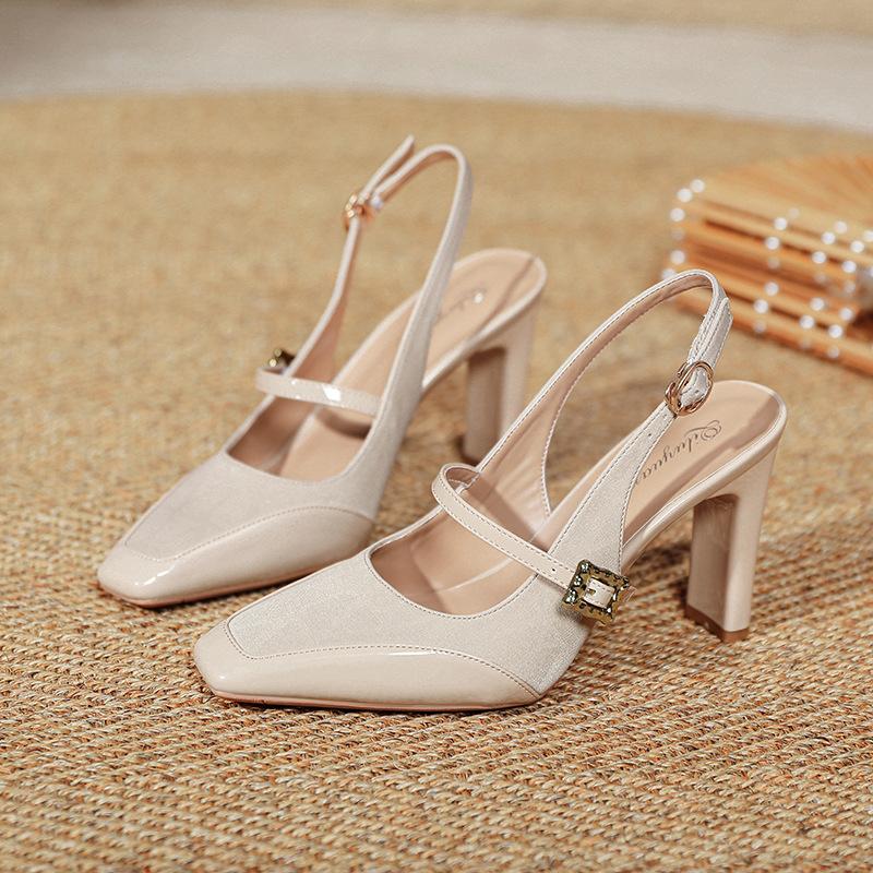 Baotou sandals women's Mary Jane high heels thick heel 2025 new summer French square head word with empty shoes