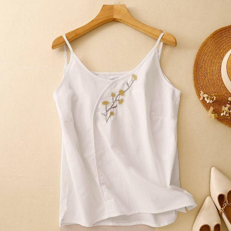 Women's Chinese Style Gray Linen Floral Embroidered Camisole