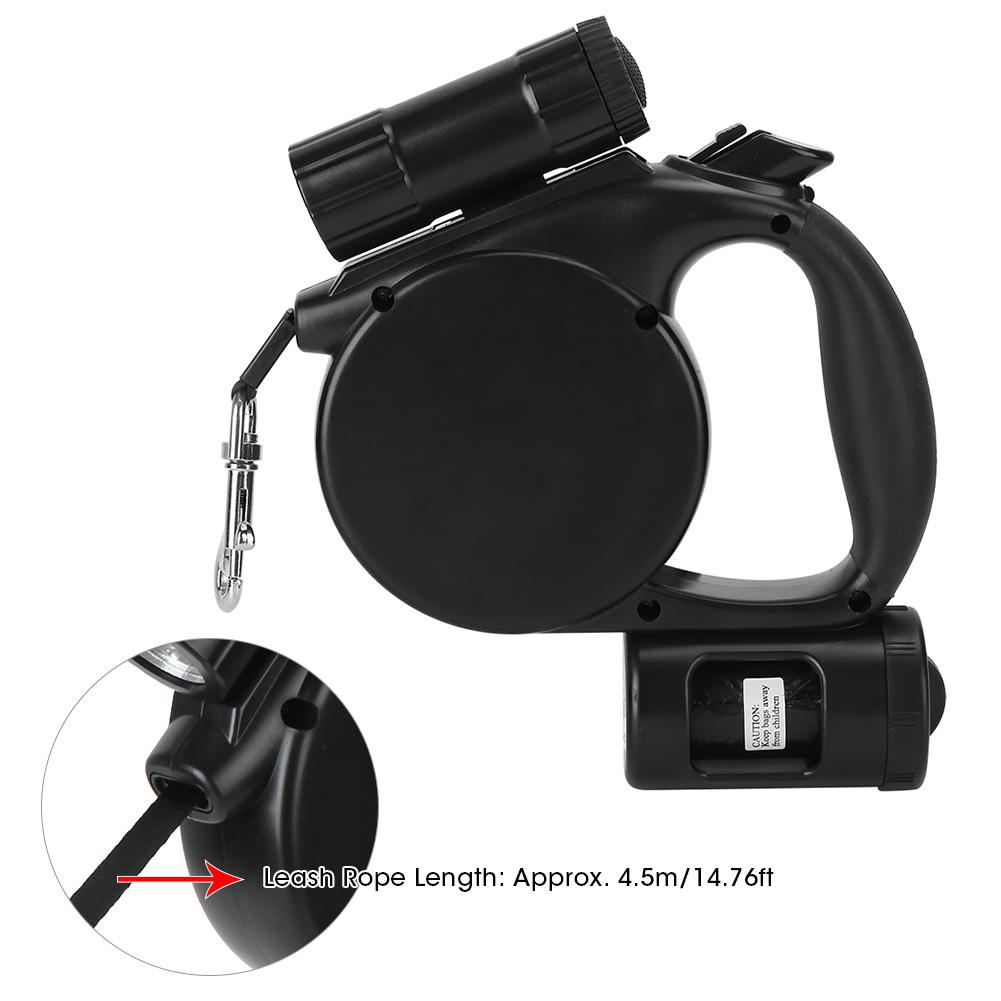 3 in 1 Black Plastic Portable Pet Automatic Retractable Traction Leash Rope with LED Light Garbage Bag for Dogs Cats