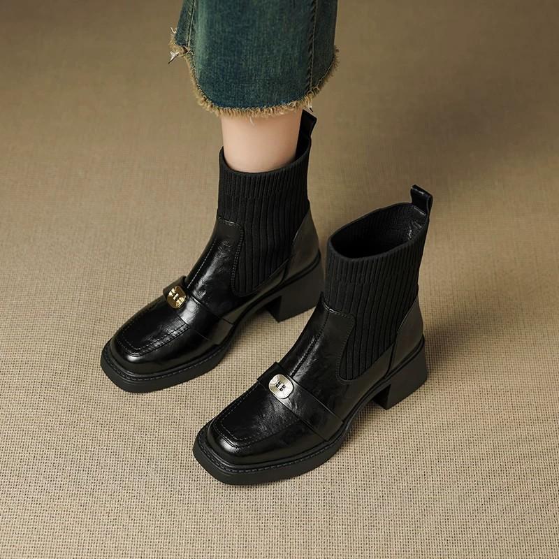 CM British Style Square Head Thick Heel Medium Tube Socks Boots Autumn and Winter New Metal Buckle Elastic Retro Versatile Thin