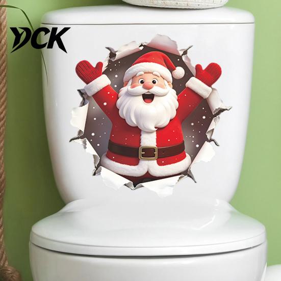 Waterproof PVC Bathroom Decals 3D Break Wall Santa Claus Toilet Lid Sticker, Winter Snow Scene Seasonal Decorations Christmas Decal,