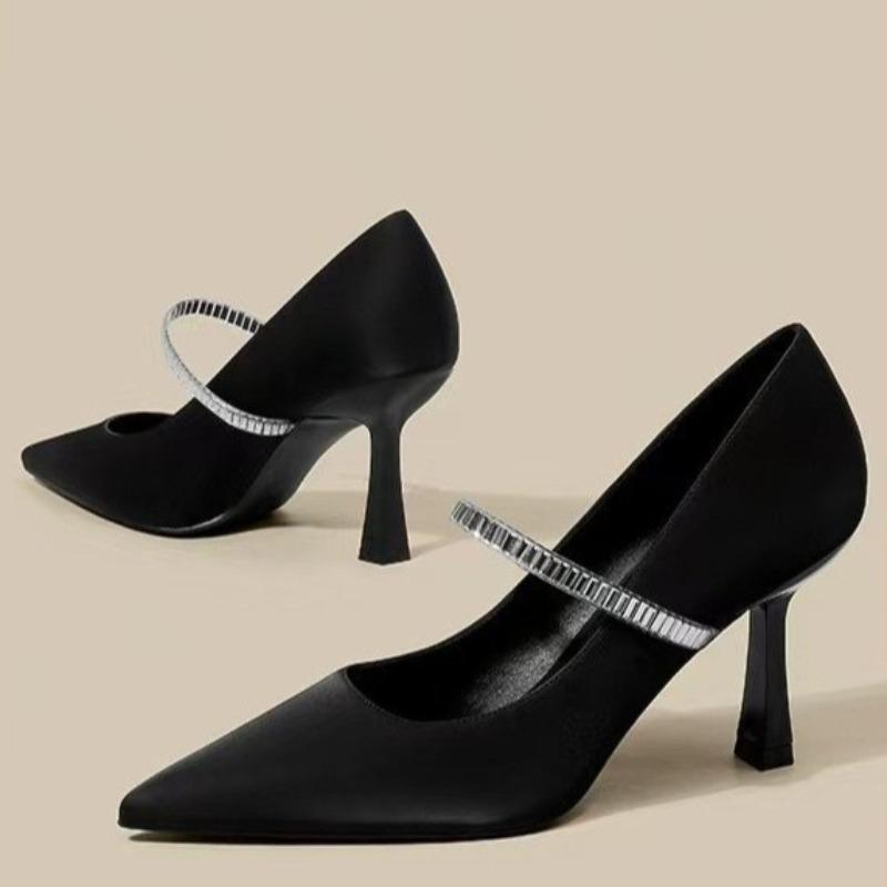 Fashion Super Soft Wrapped Heels Women's Fashion Pointed Toe Shallow Slip Rhinestone Slip Slip Slim Heel Single Shoes