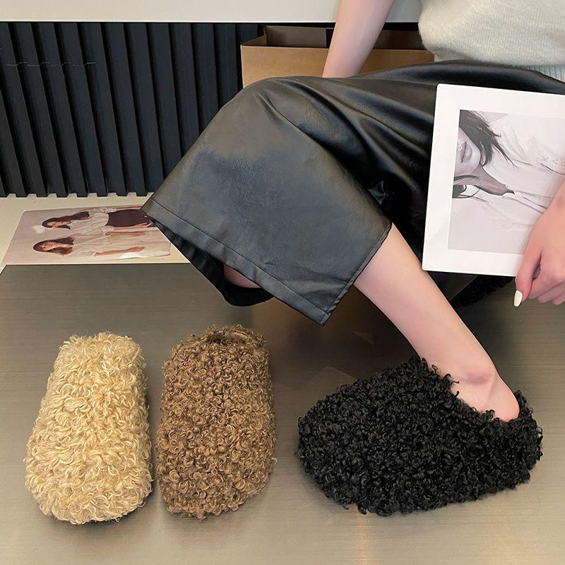 High-End Women's Furry Slippers - Height-Boosting, Thick-Sole, Closed-Toe, Cotton for Autumn/Winter In Apricot, Black, Dark Brown.