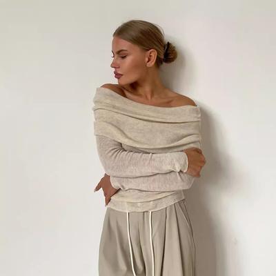 Spring and Autumn Off Shoulder Knitted Shirt Sexy Slimming Solid Color Long Sleeve Women's T-shirts