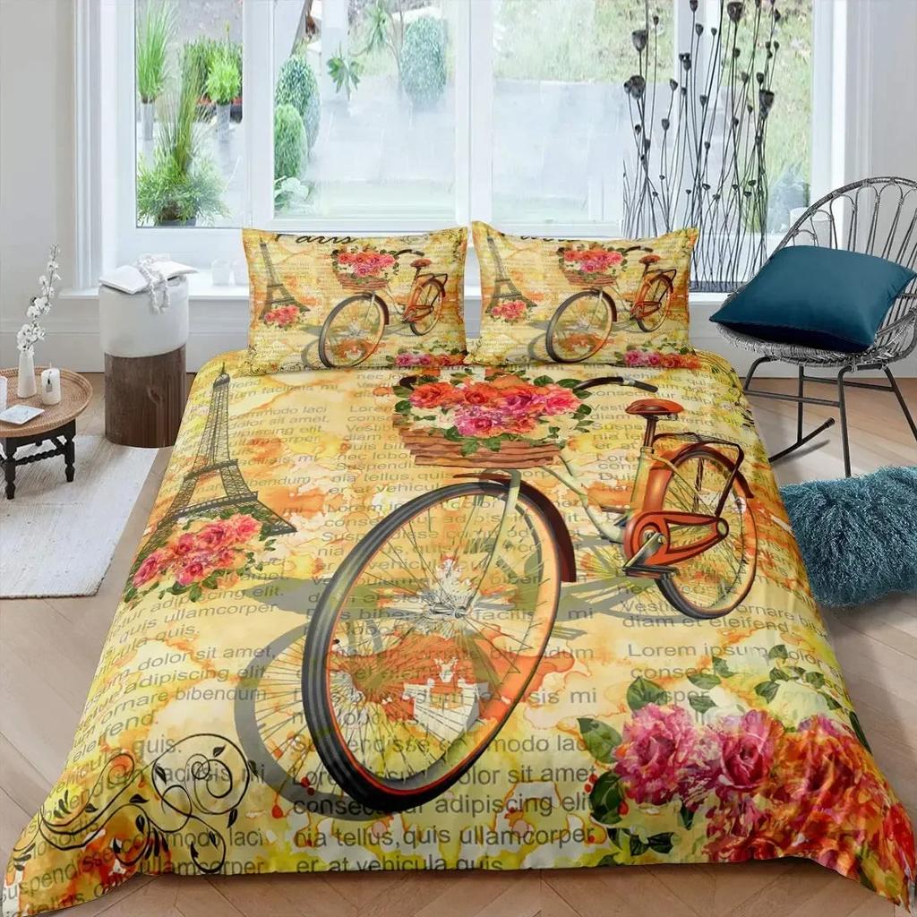 Eiffel Tower Paris France Old Newspaper Style 3D Duvet Cover Bedding Set Comforter Linen Pillowcases Home Decor Single Double