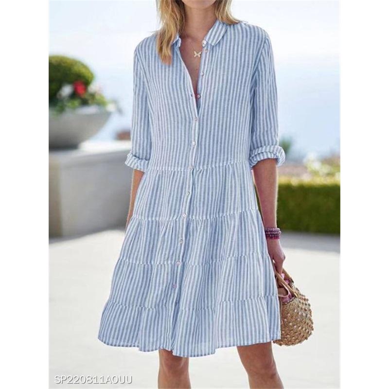 Damen Gestreiftes Hemdblusenkleid Knopfleiste 3/4 Ärmel Stufen Mini-Kleid Lässig Sommer Locker Strandkleid