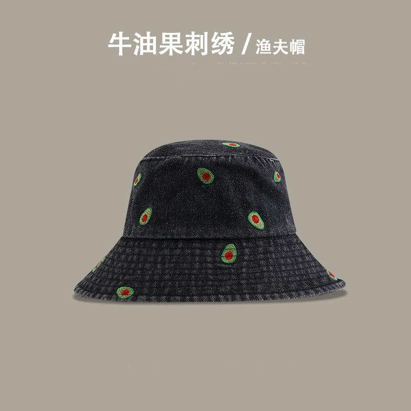 

Denim bucket hat female versatile simple avocado embroidered bucket hat spring and autumn sunscreen student trend basin hat M（56-58cm）