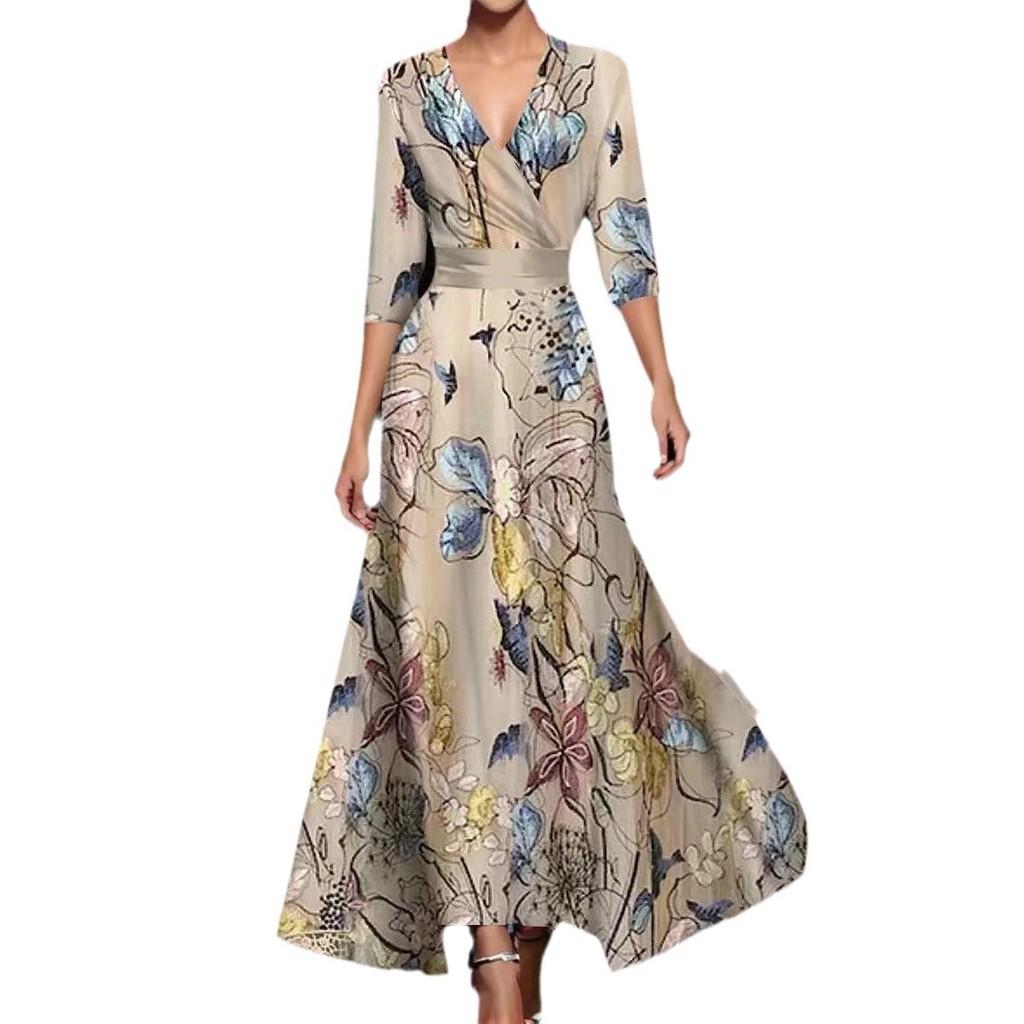 Sommer-Polyester 3D-Effekt-Print V-Ausschnitt Midi-Kleid für Büro-Chic-Frauen