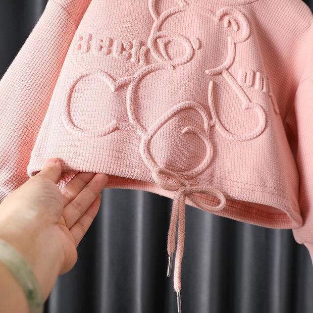 2024 Spring/Autumn Girls' Cartoon Bear Sweatshirt & Pants Set