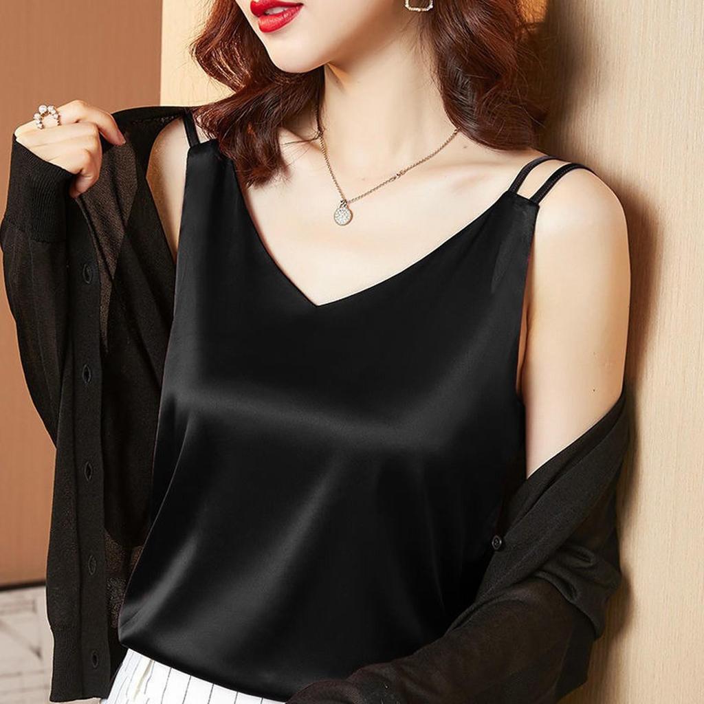 Women's Summer Casual V-Neck Solid Color Silk Sleeveless Loose T-Shirt Tank Tops