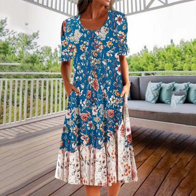 Women's Fashion Summer Spring Flower Pattern Print Short Sleeve O-Neck Loose Waistline Casual Dresses