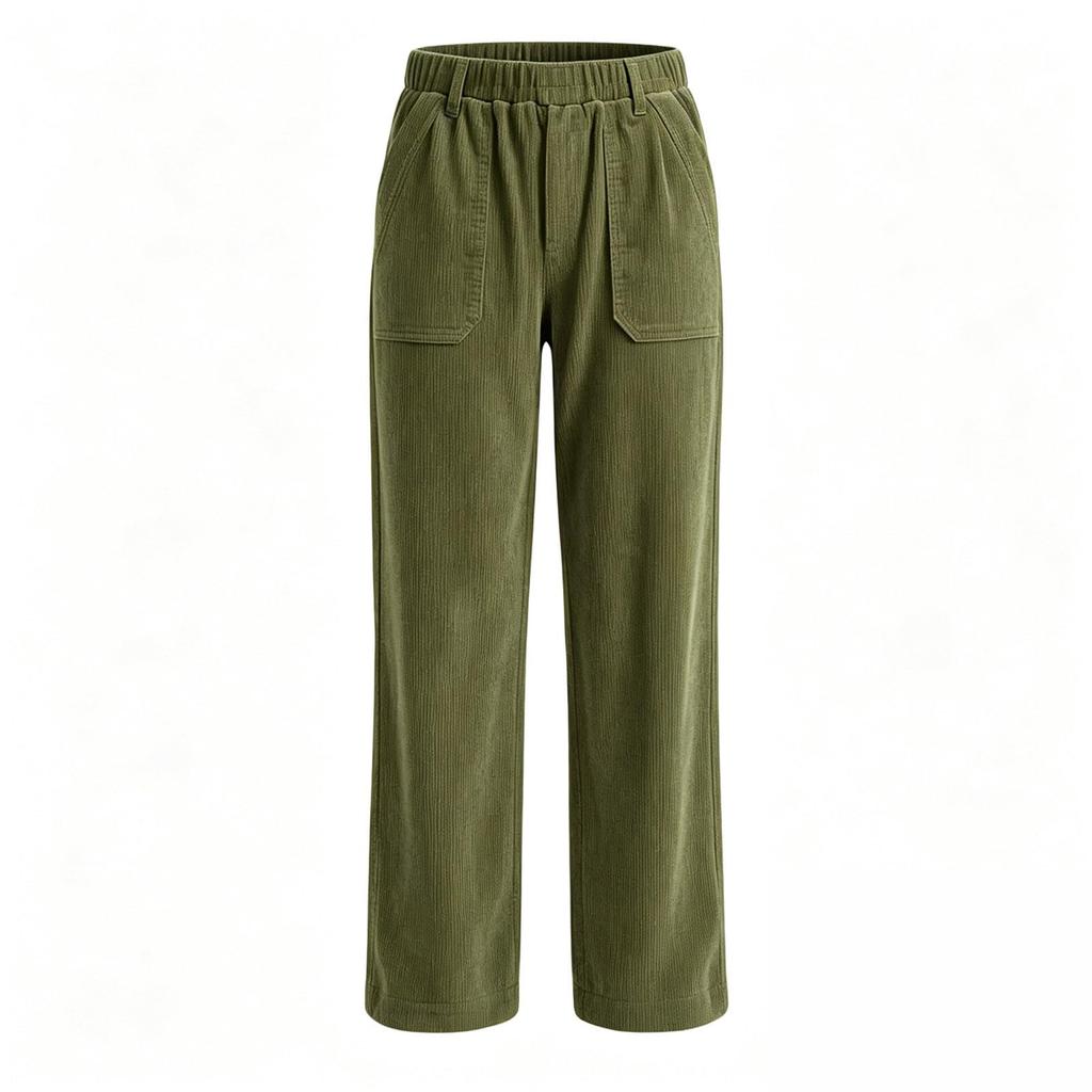 Women's Corduroy Straight Leg Casual Pants with Pockets Elastic Waist Color for Everyday Wear