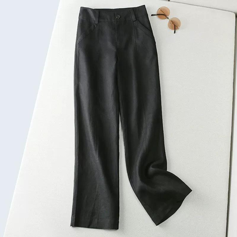 Pantalon Capri en Coton Lin pour Femme Taille Élastique Couleur Unie Coupe Droite