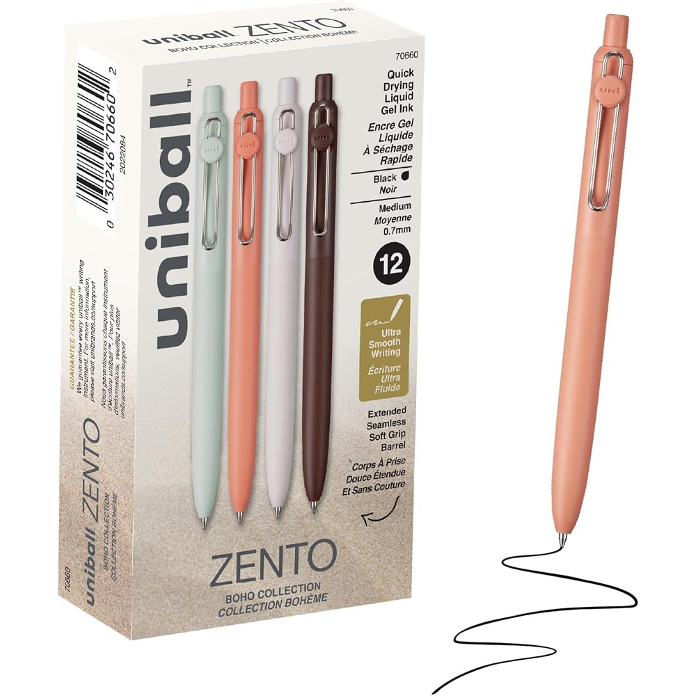 Uniball™ Zento Gel Pens, Black Ink, 0.7 mm, Medium, Retractable, 12, Smooth, Comfortable, Quick D...