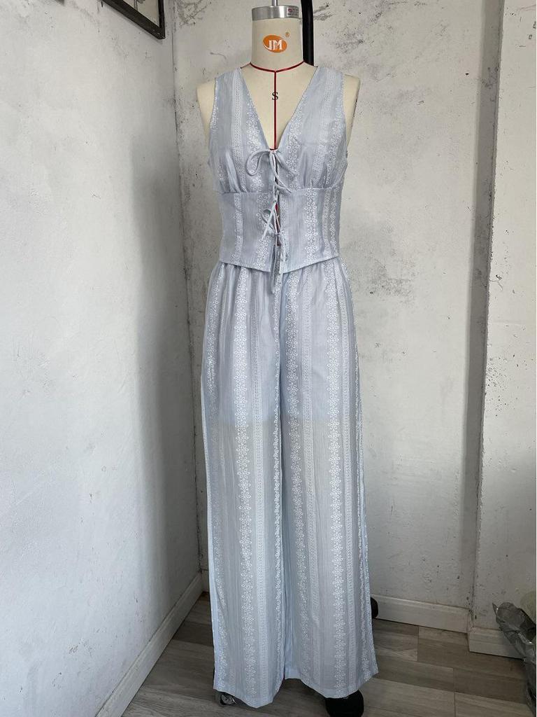 European & American Sleeveless Lace-Up Vest and Wide-Leg Pants Solid Color Two-Piece Set