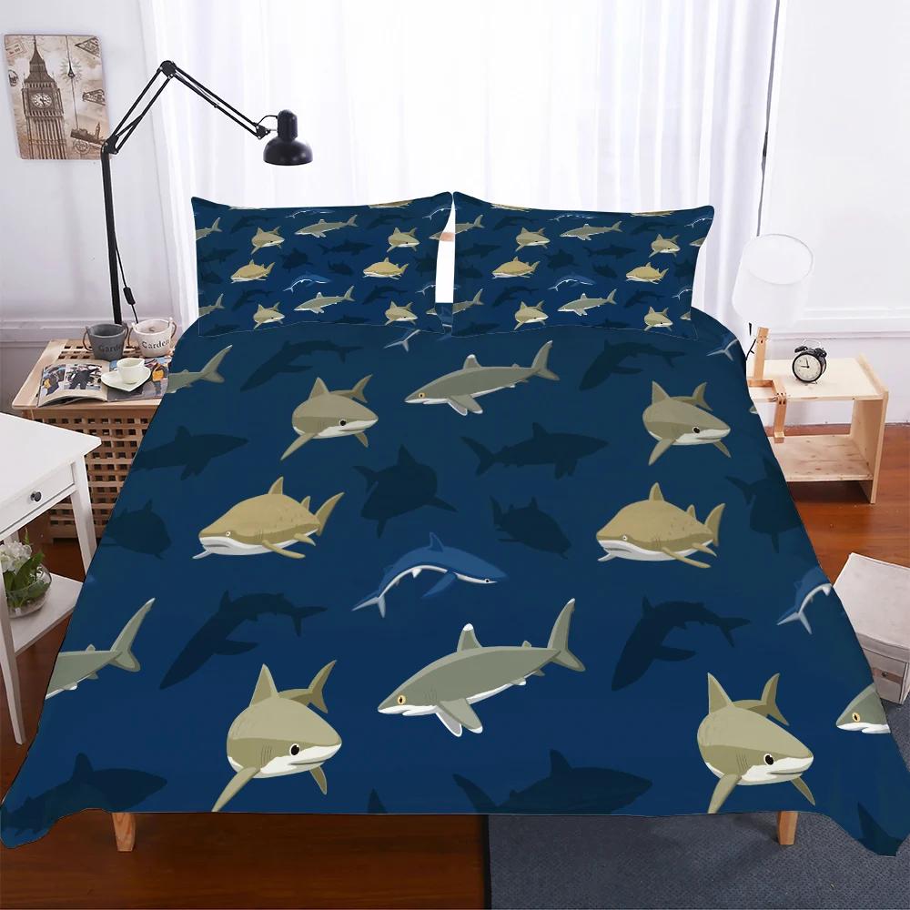 3D Print Red Blue Black Shark Whale Duvet Cover with Pillow Cover High Quality Soft Comforter Cover Bedding 100% Bamboo Fiber