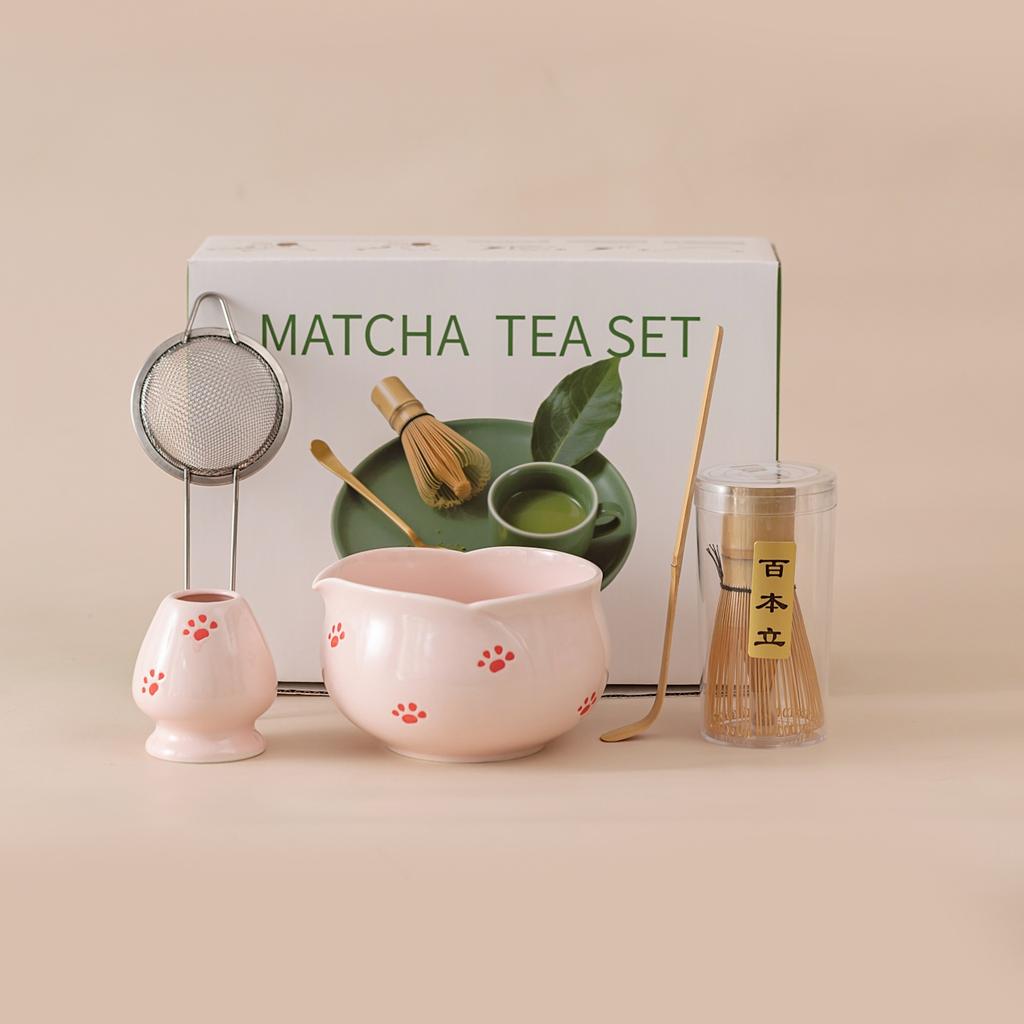 5/7pcs Pink Heart Decal Ceramic Matcha Set, Cute Matcha Set Includes Matcha- Bowl, Matcha Whisk and Holder, Bamboo Scoop, Sifter