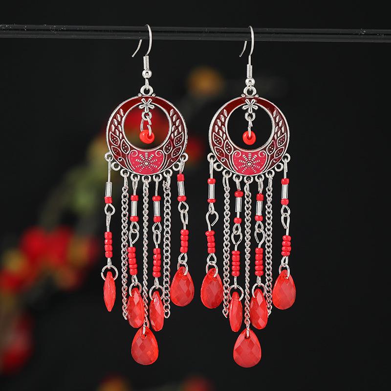 Bohemian long fringed earrings retro medium enamel color beaded niche design earrings women