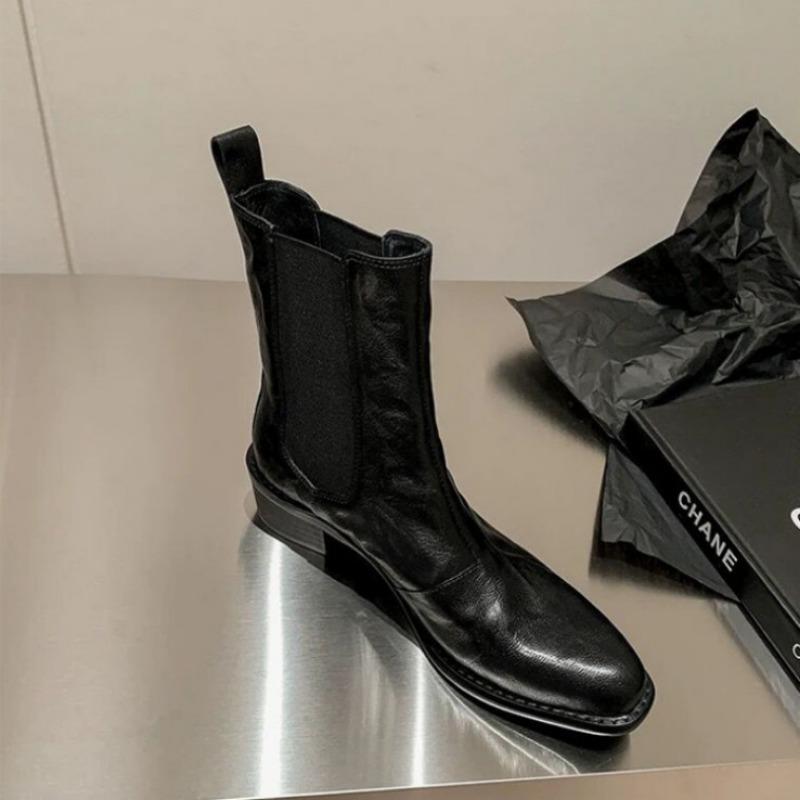 

[] Legal Girls~ Square Head Washed Sheepskin Coarse Heel High Heel Elastic Short Boots Women s Skinny Boots 34 чёрный