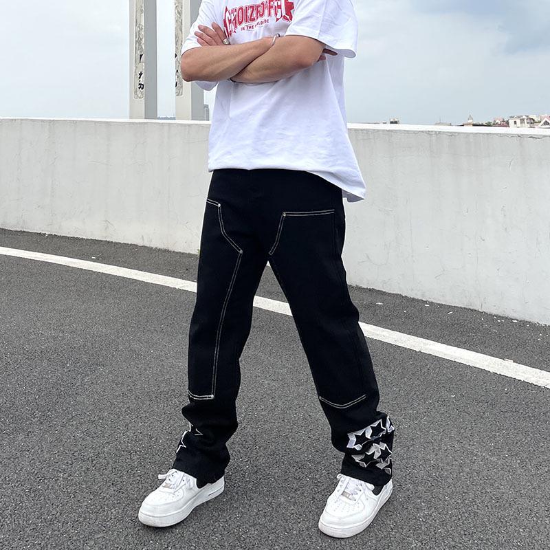 Men's Star Embroidered Casual Jeans - High Street, Loose Fit, Hip Hop Style