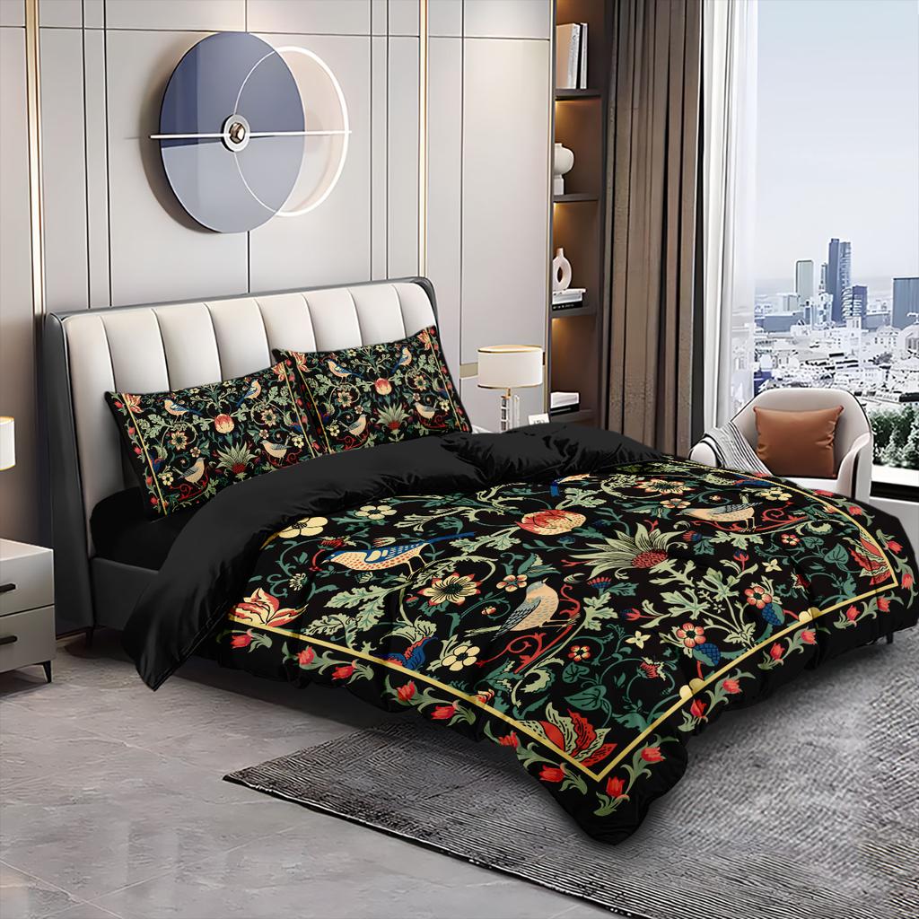 3pcs Black Retro Floral Print Coreless Duvet Cover Set Multi Size Bedroom Dormitory Soft and Comfortable Machine Washable