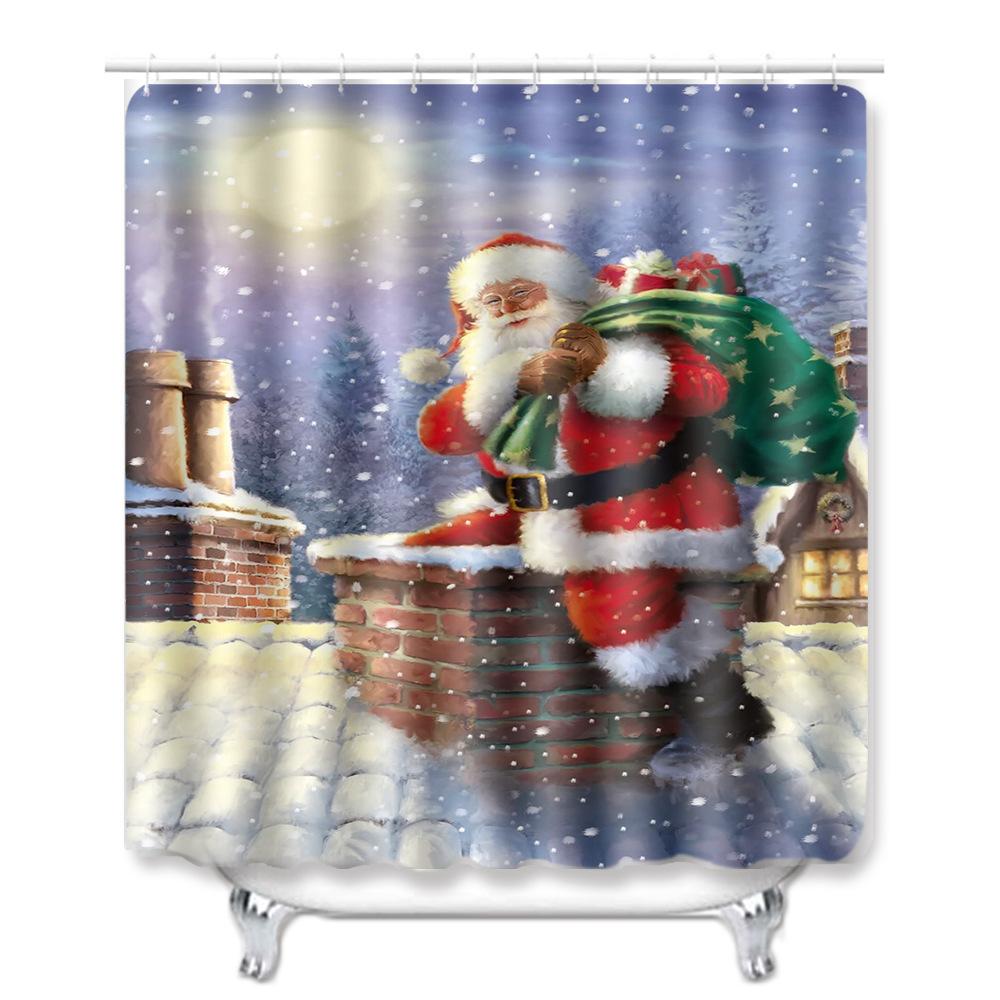 Christmas Shower Curtain Floor Mat Combination Four-Piece Set Bathroom Toilet Carpet Shower Room Mat Foot Mat