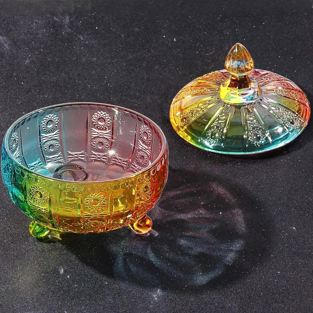 Glass Candy Dish with Non-Airtight Lid,Rainbow Candy Jar,Colorful Embossed Vintage Candy Bowl with Lid for Office Desk Coffee Table,Buffet Storage