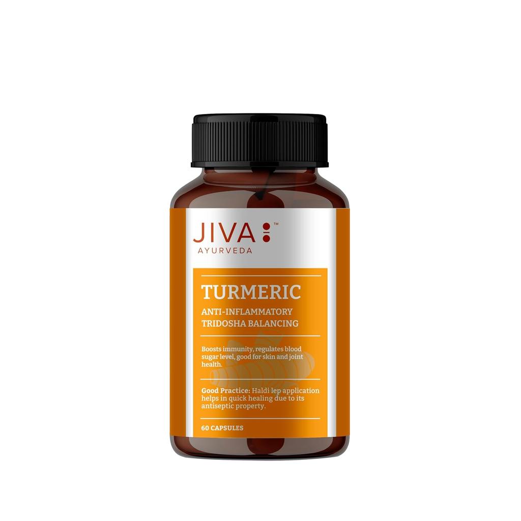 Jiva Kurkuma Kapseln 60x4 Packung zur Unterstützung des Immunsystems, für Gelenkgesundheit, Hautwohlbefinden, Männer & Frauen, Ayurvedisches Kräuterergänzungsmittel
