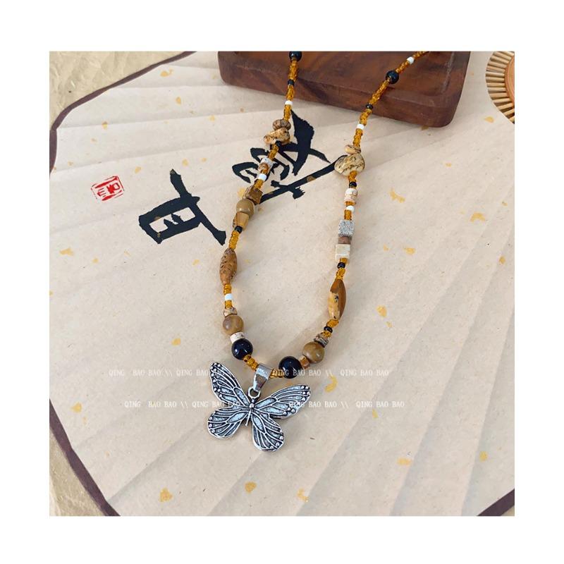 New chinoiserie butterfly beaded necklace women's fashionclassy accessories ethnic style retro decorative clavicle chain