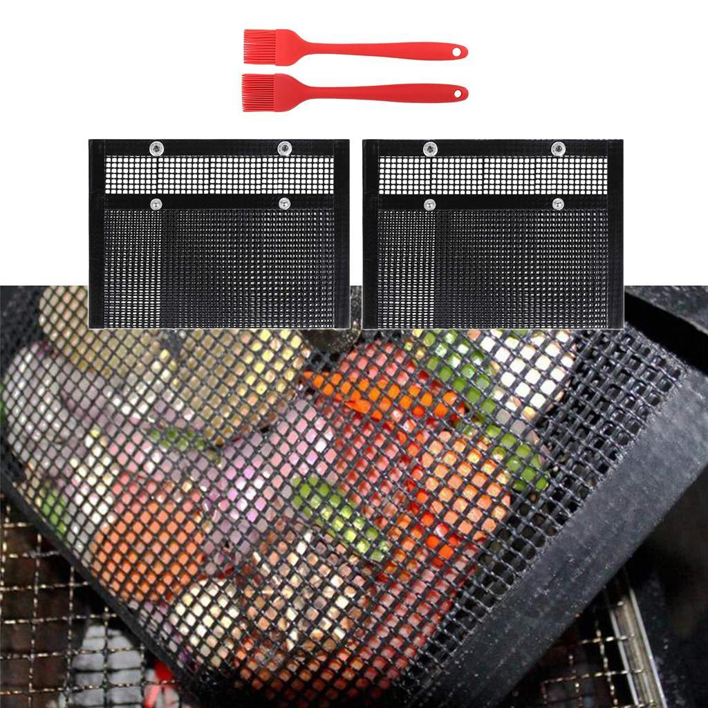2pcs Reusable PTFE Coated BBQ Mesh Grilling Pouches Grill Bag with Silicone Brush Baking