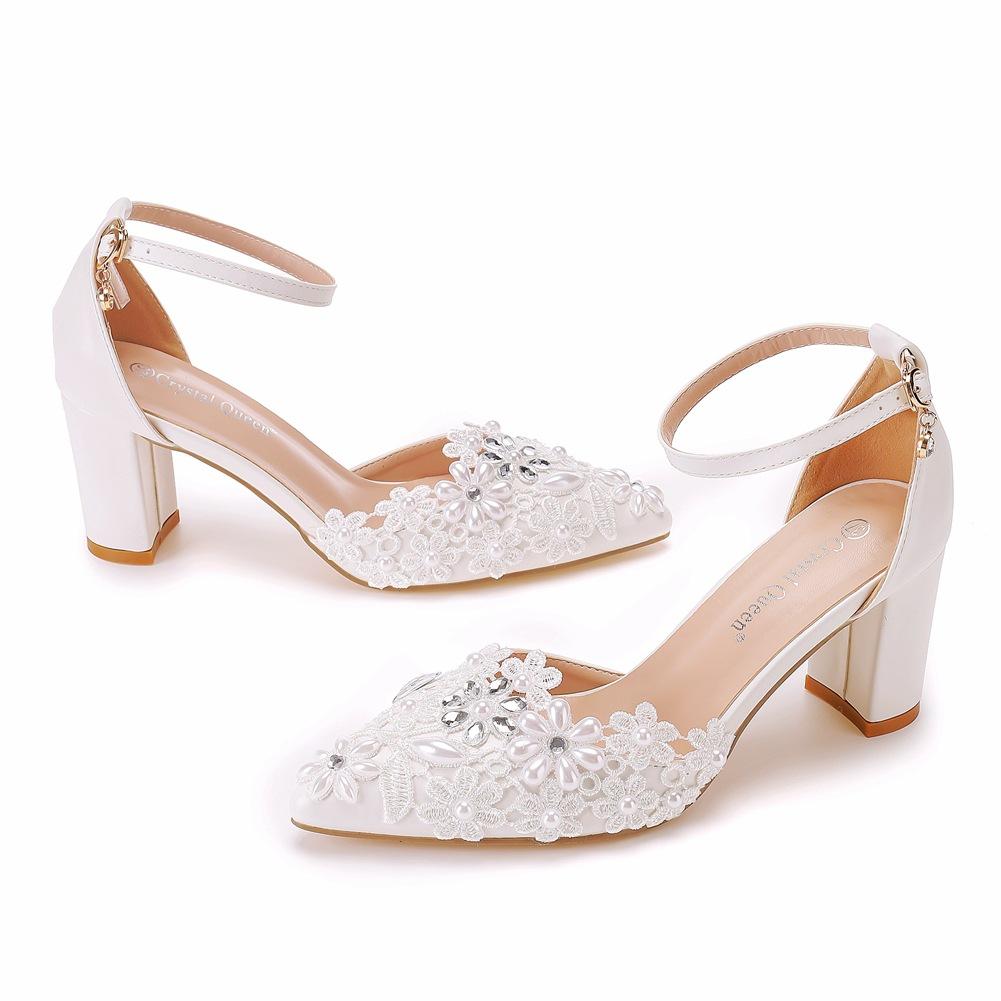 Pretty Lace Women's Thick Heel Pumps Trend Pearls Buckle High Heels Ladies Wedding Dress Shoes Women Party Sandals Size 34-43