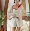 Korean-Style Women's High-Waist Bikini Three-Piece Set - Conservative and Chic Swimwear for Small Chest