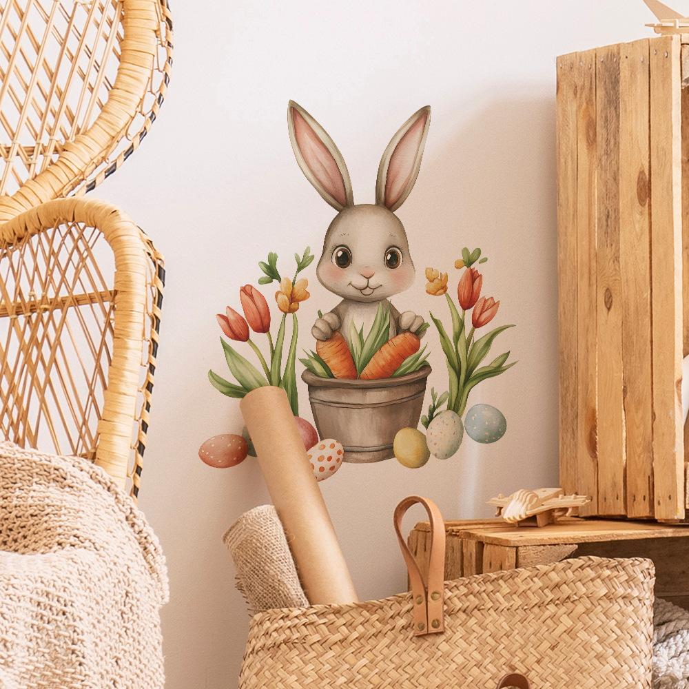 Easter Bunny and Eggs Wall Stickers Whimsical Cartoon Wall Art for Kids Room, Living Room and Hallway Joyful Spring Home Decor
