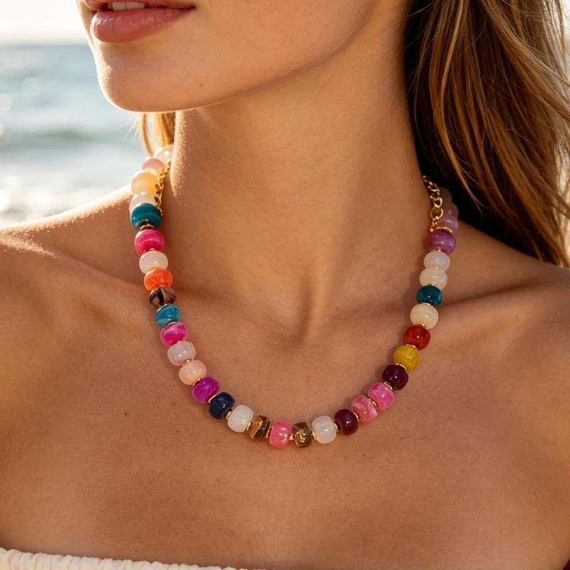 Adjustable Collarbone Necklace with Bold Rounded Resin Beads, Lobster Clasp, Extension Chain and Gold-Tone Spacers