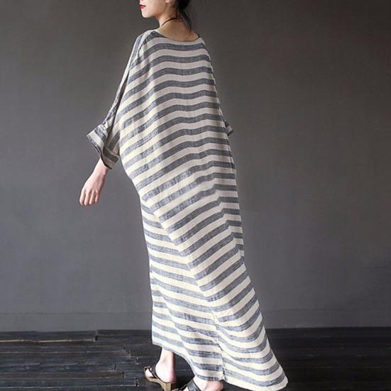 O-Neck Batwing Sleeves Women Dress Pockets Ankle Length Fine Sewing Retro Striped Print