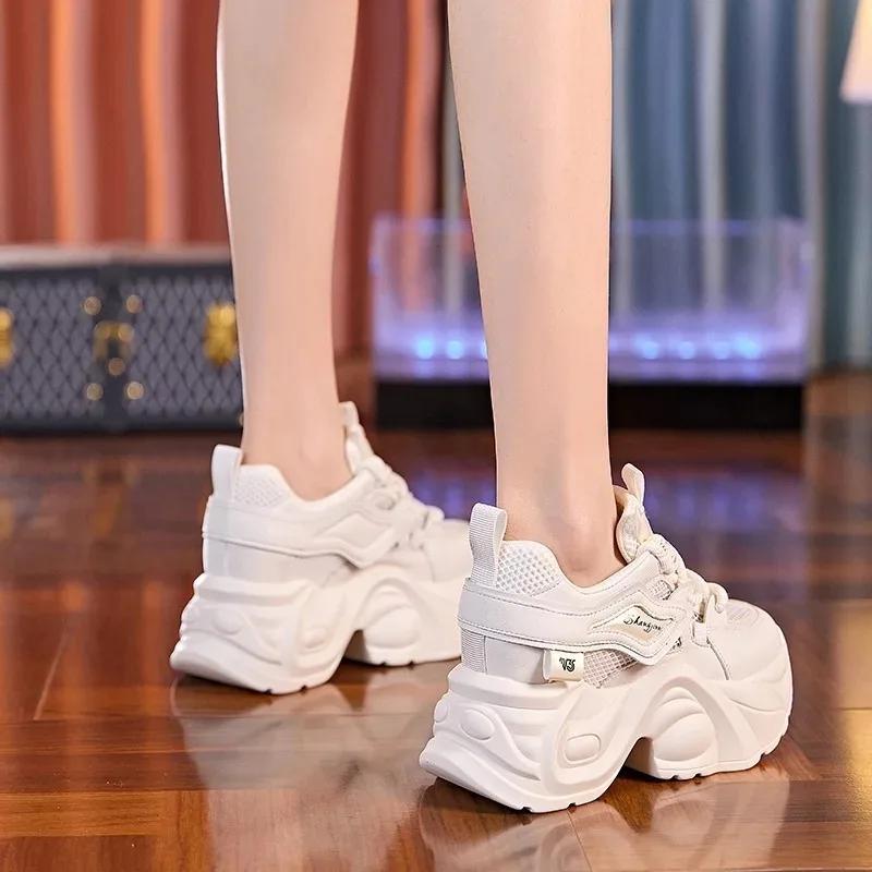 Fashion 7cm Air Mesh Synthetic Genuine Leather Chunky Sneaker Sandals Women Ladies Comfy Spring Autumn Boots Mixed Color Vulcanize Shoes