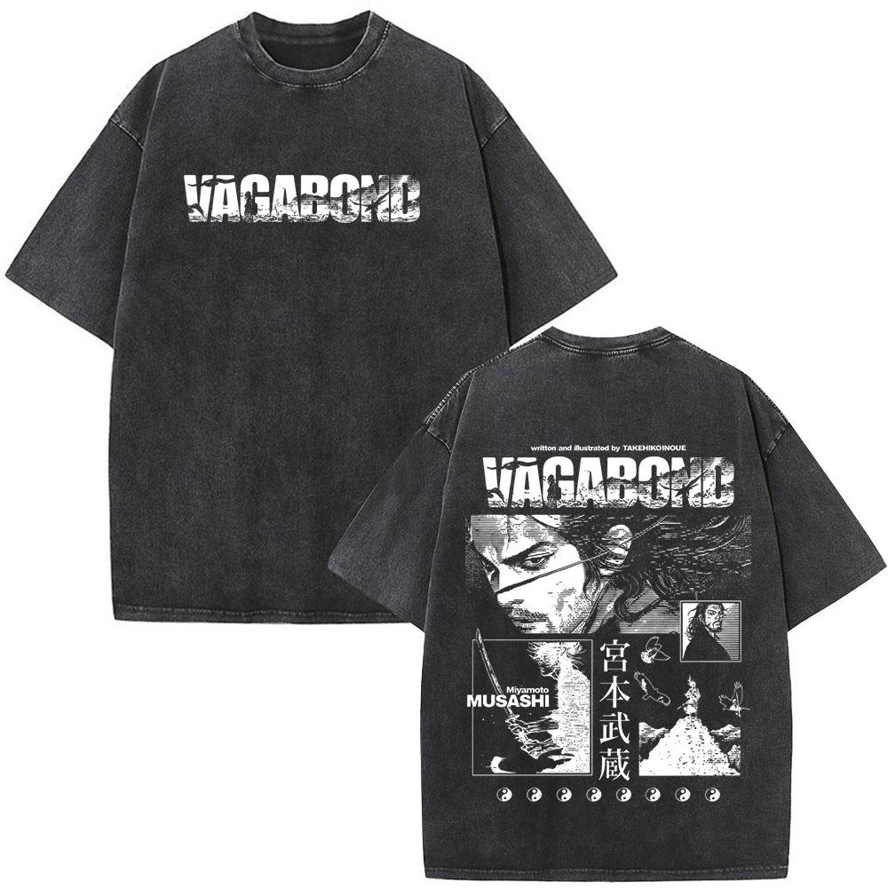 Anime Vagabond Miyamoto Musashi Vintage Washed Tshirts Men Women Clothing Fashion Casual Short Sleeve Oversized ONeck T Shirts