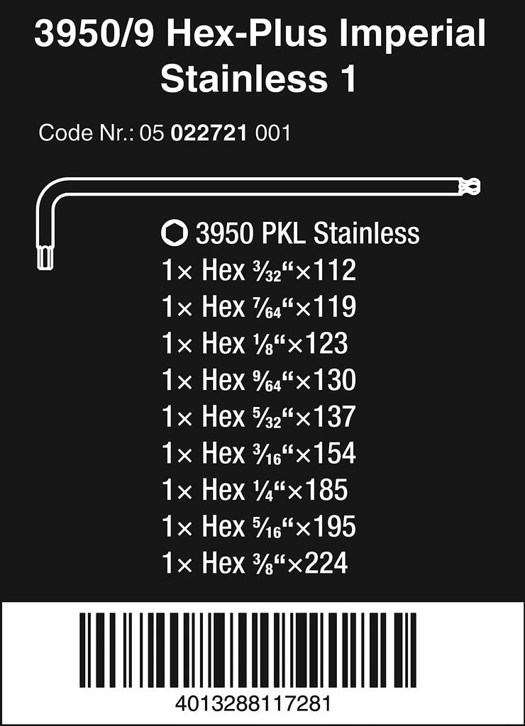 Wera Stainless Steel Hex Key 022721 Set, Inch,
