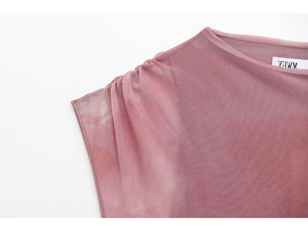2025 Spring/Summer Women's Silk Mesh Pleated Midi Dress with Stand Collar