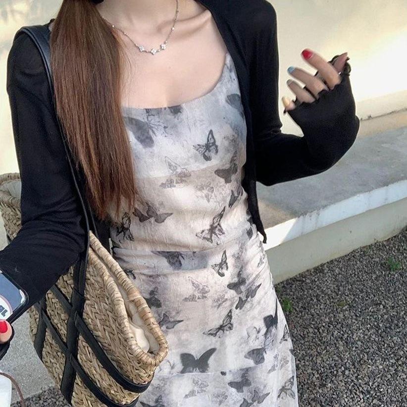Fashion elegant and cold ink butterfly suspender dress, summer new pleated waist thin floral long skirt