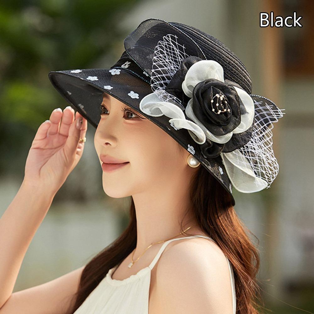 Flower Decor Dotted Sun Hat Wide Brim Beach Hat Fashion Sunshade Cap Women's