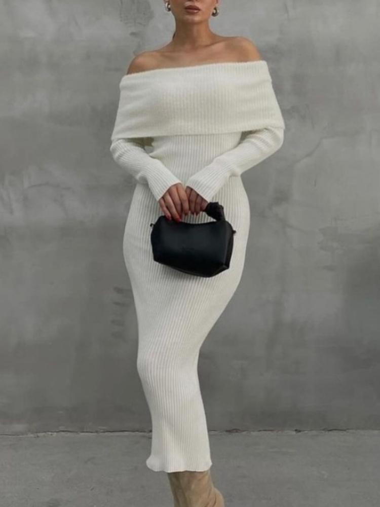 Ladies Knitwear Maxi Dress Fashion Knit Long Dress Off-Shoulder Female Ribbed Loose High Waist Elegant Autumn Party Dress