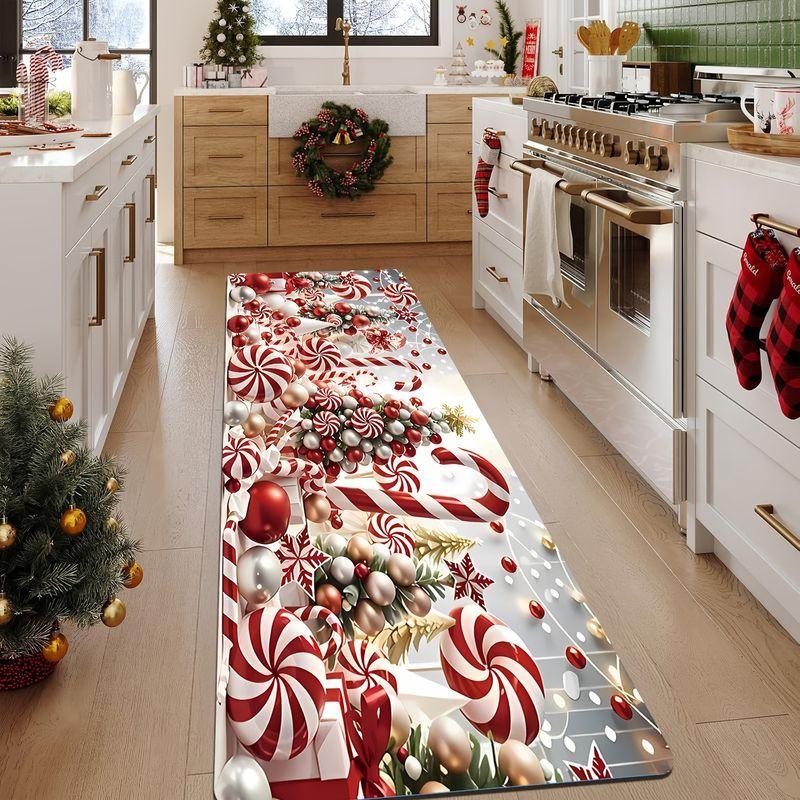 Vintage Christmas Runner Rug Candy Cane Peppermint Design Washable Anti Slip Mat Hallway Bedroom Farmhouse Decor