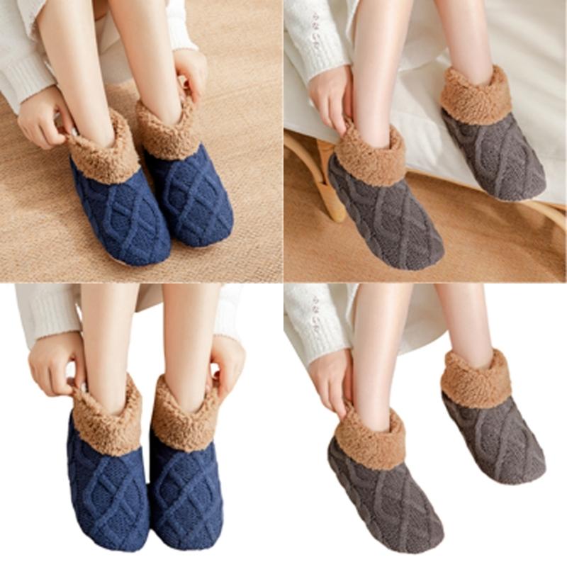 Unisex Thermal Knit Ankle Socks for Cold Weather Nonslip Grip Bottom Soles Floor Socks Thick Fleece Lined Slipper Socks