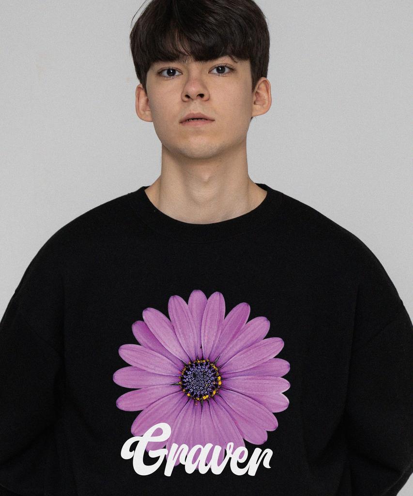 GRAVER [Unisex] Purple Daisy Flower Smile Sweatshirt_Black
