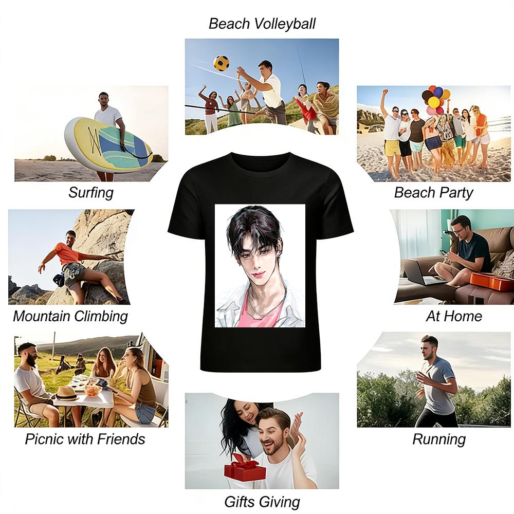 Handsome Comic Style Guy Print Short Sleeve T-Shirt Casual Loose Unisex Streetwear Top Pure cotton T-shirt